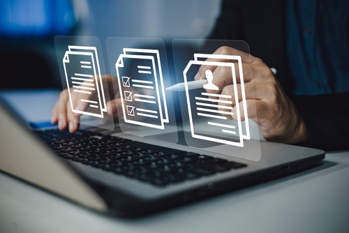 E-document management with e-signing. Electronic signature and paperless smart office technology for work flow concept.